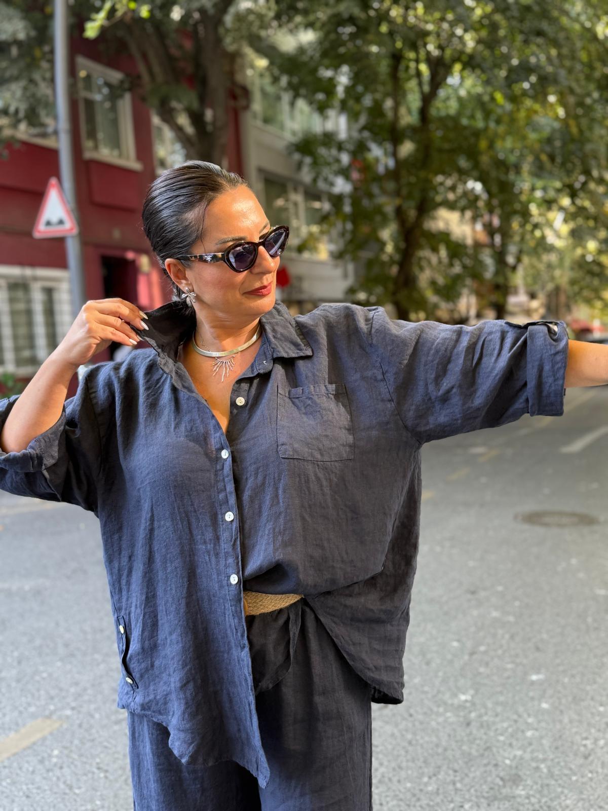 İthal Hasır Kemerli Keten Pantolon Gömlek Takım