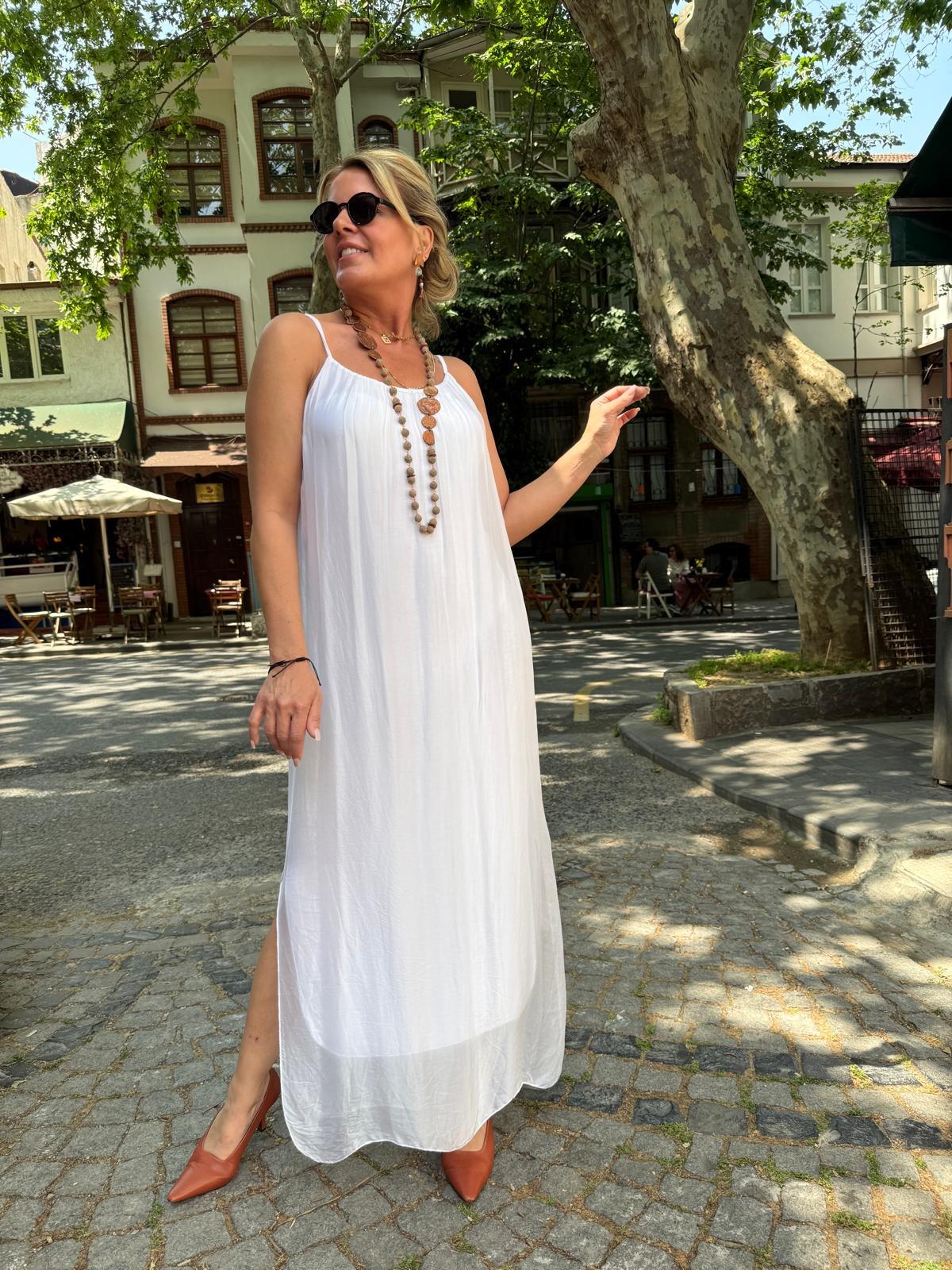 Askılı İpek Uzun Elbise