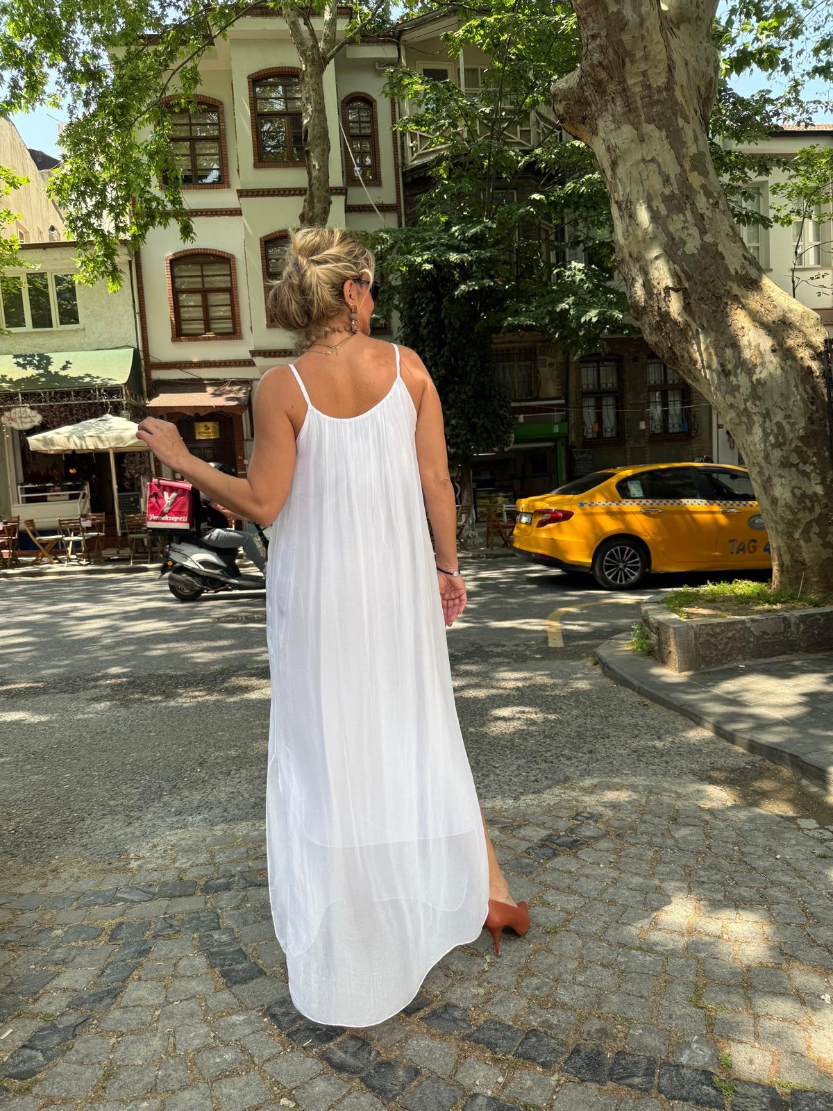 Askılı İpek Uzun Elbise