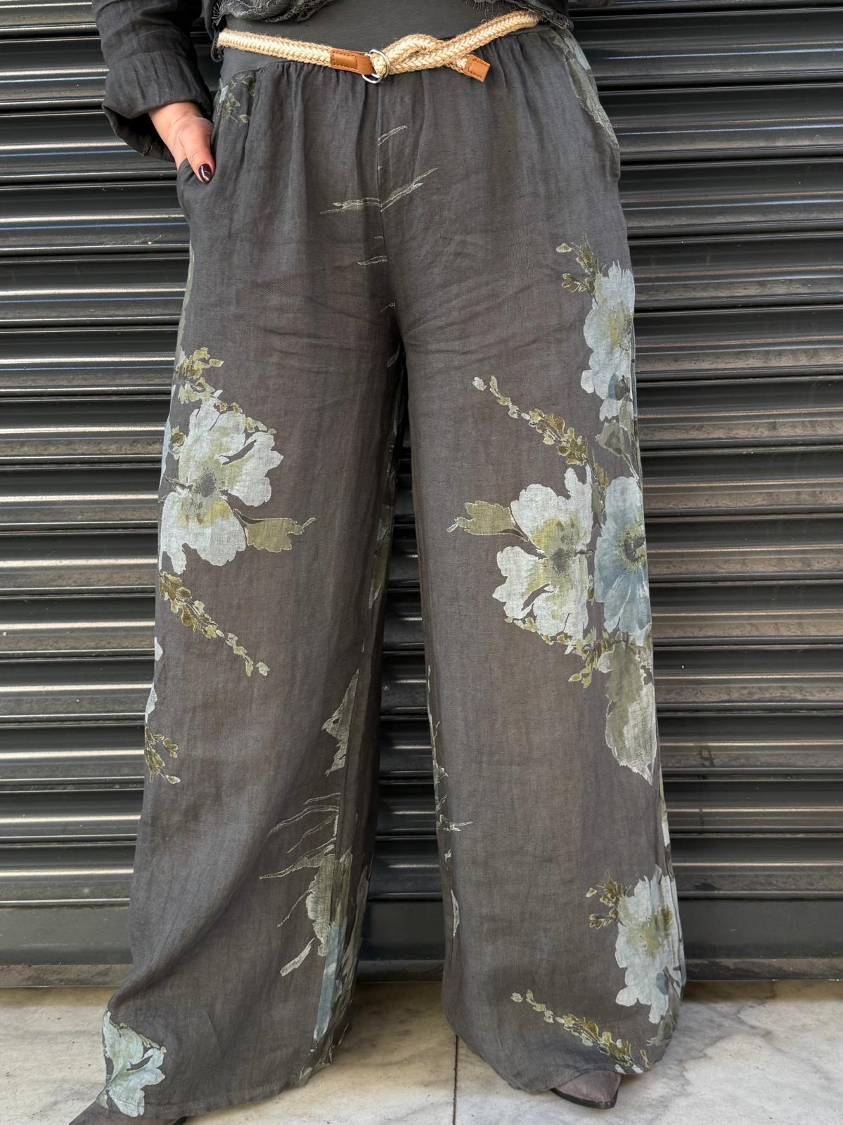 İthal Çiçekli Pantolonlu Keten Ceket Takım