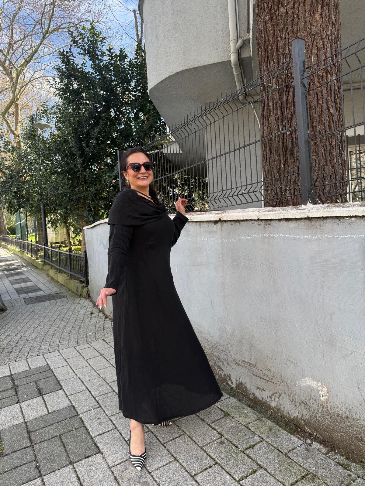 İthal Şal Yaka Keten Elbise