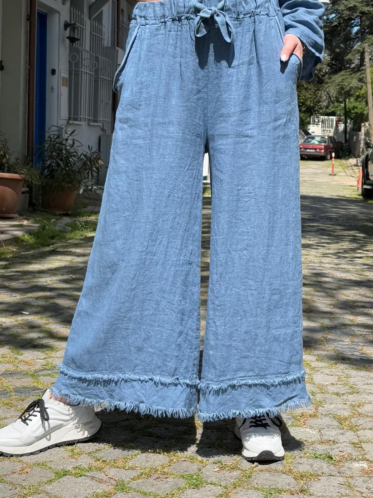 Püskül Detaylı İthal Keten Pantolon Bluz Takım
