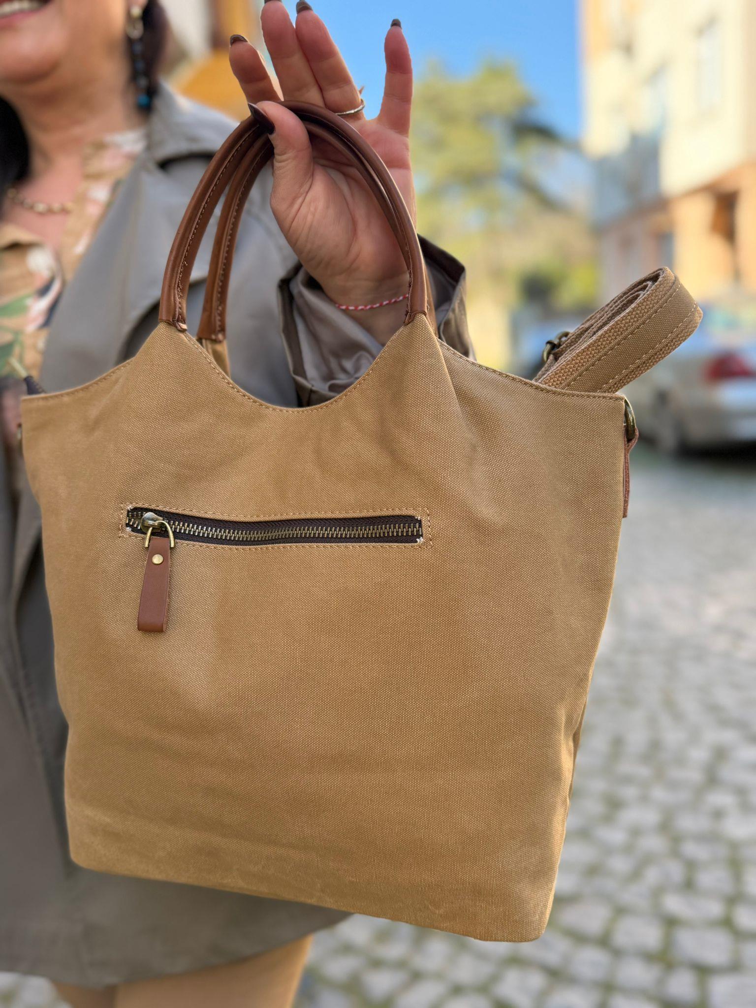 Camel Gabardin Deri Detaylı Çanta