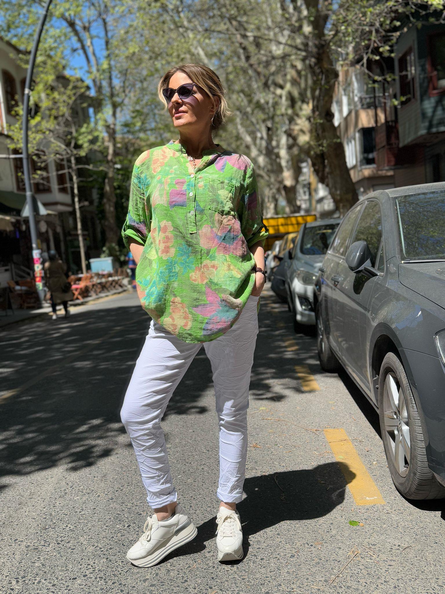 Floral Desen İthal Keten Gömlek