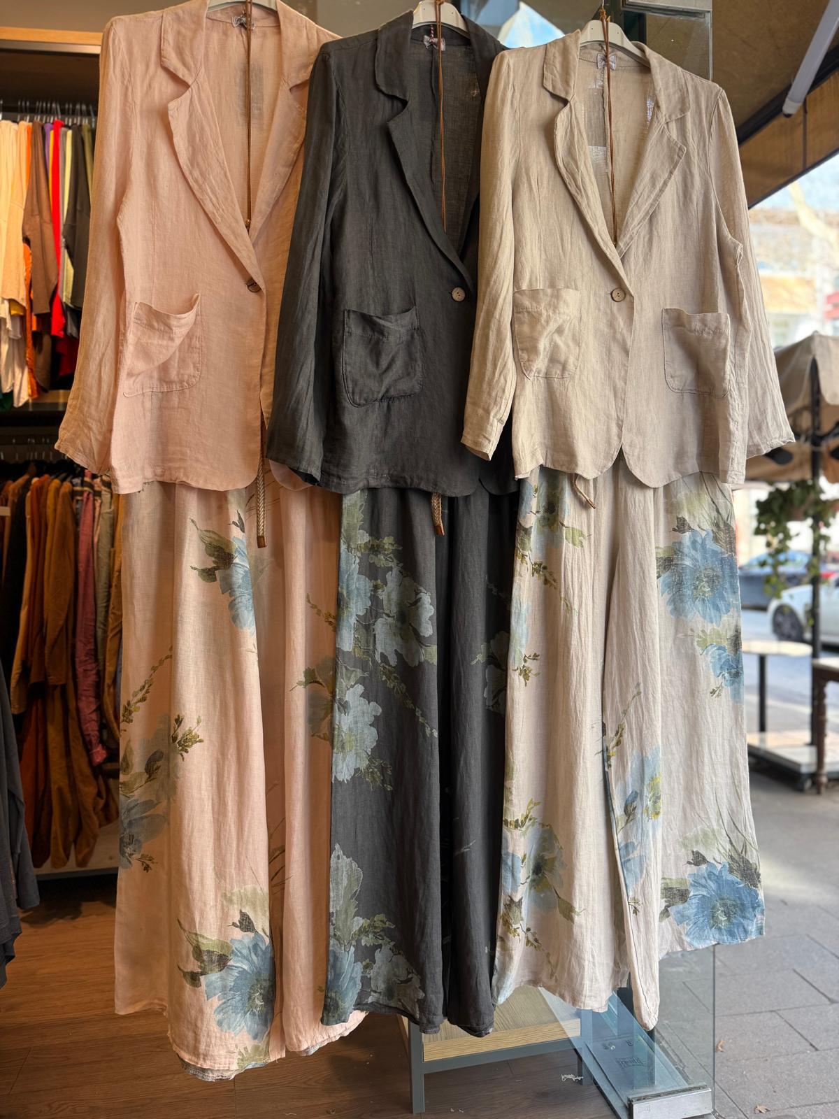 İthal Çiçekli Pantolonlu Keten Ceket Takım