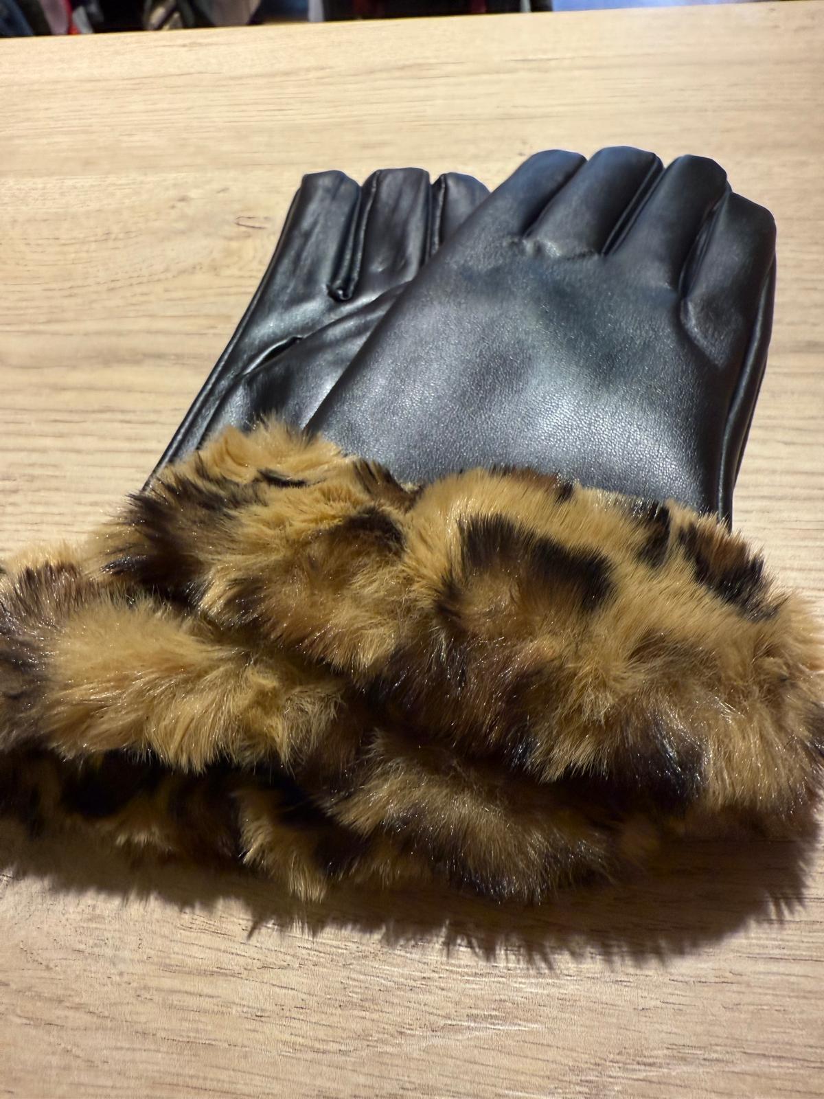 Leopar Kürklü Deri Eldiven