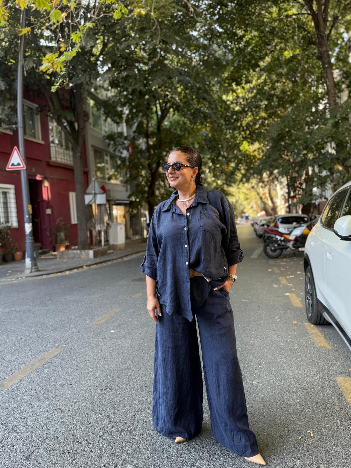 İthal Hasır Kemerli Keten Pantolon Gömlek Takım