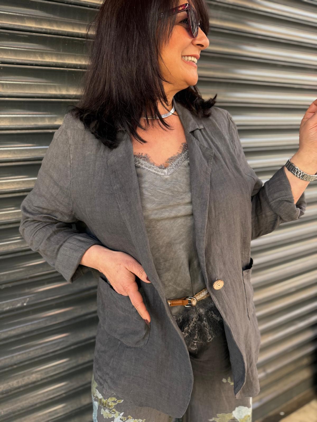 İthal Çiçekli Pantolonlu Keten Ceket Takım