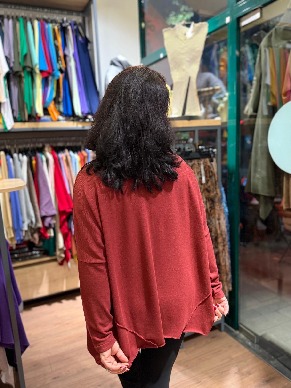 Bordo Ters Dikişli Oversize Simli Organik Bluz