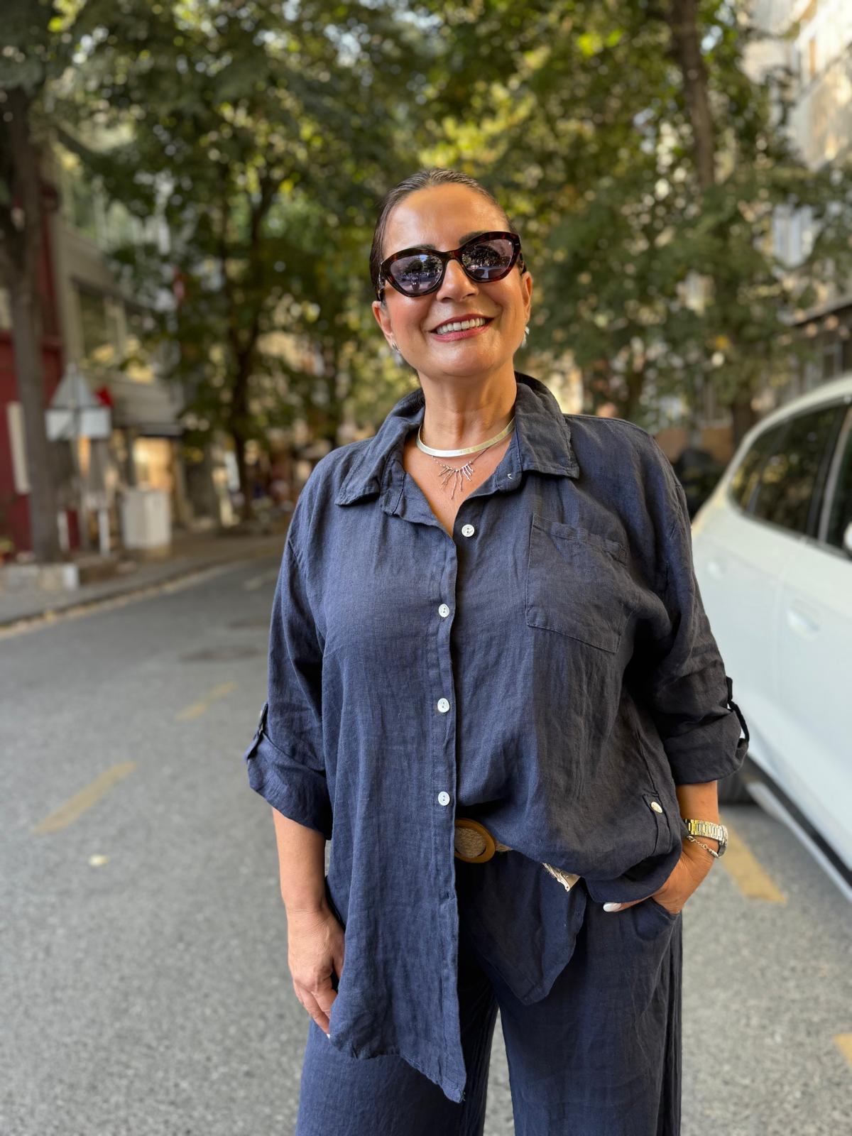 İthal Hasır Kemerli Keten Pantolon Gömlek Takım