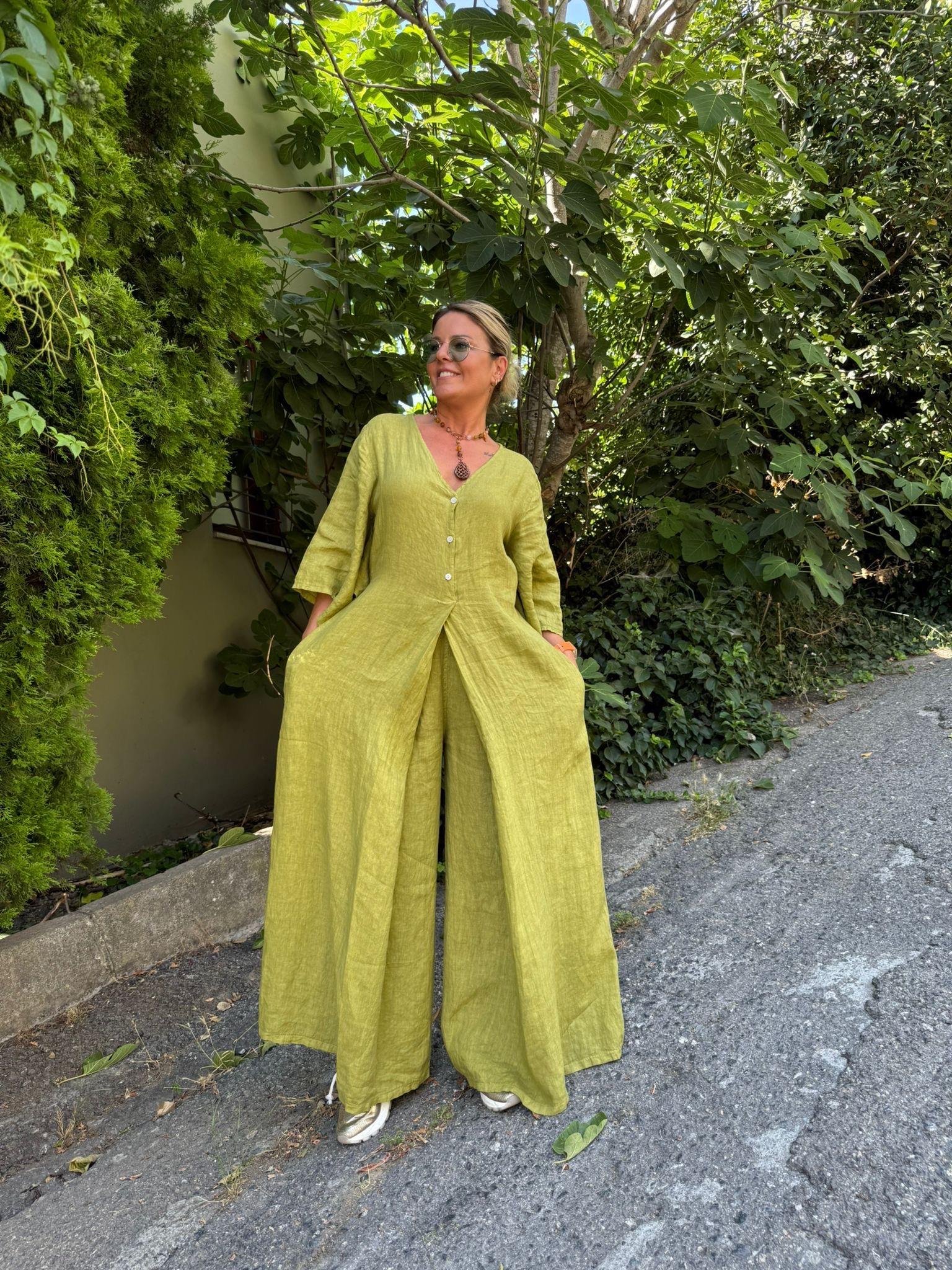 İthal Keten V Yaka Tulum