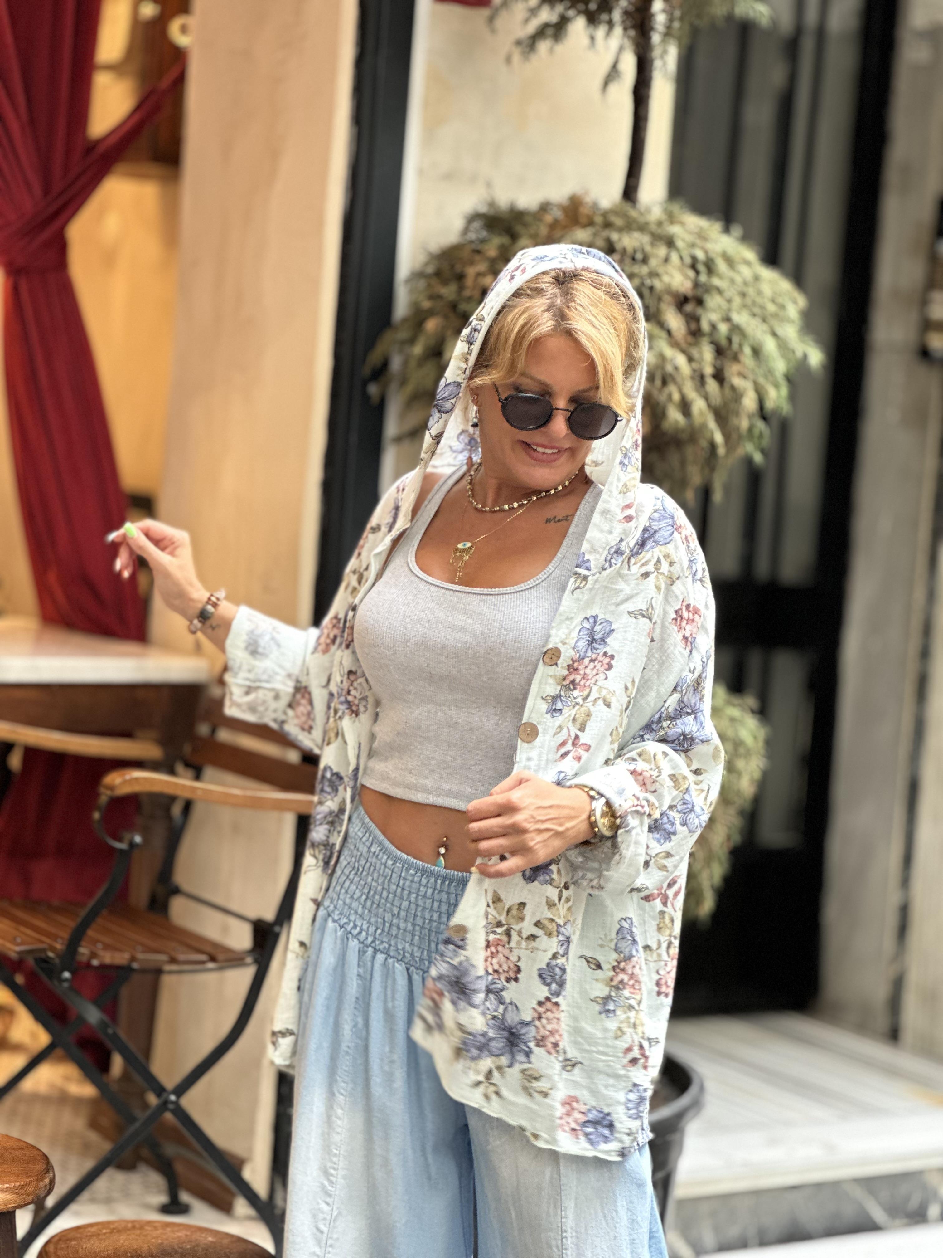 Çiçek Desenli Kapüşonlu Keten Ceket