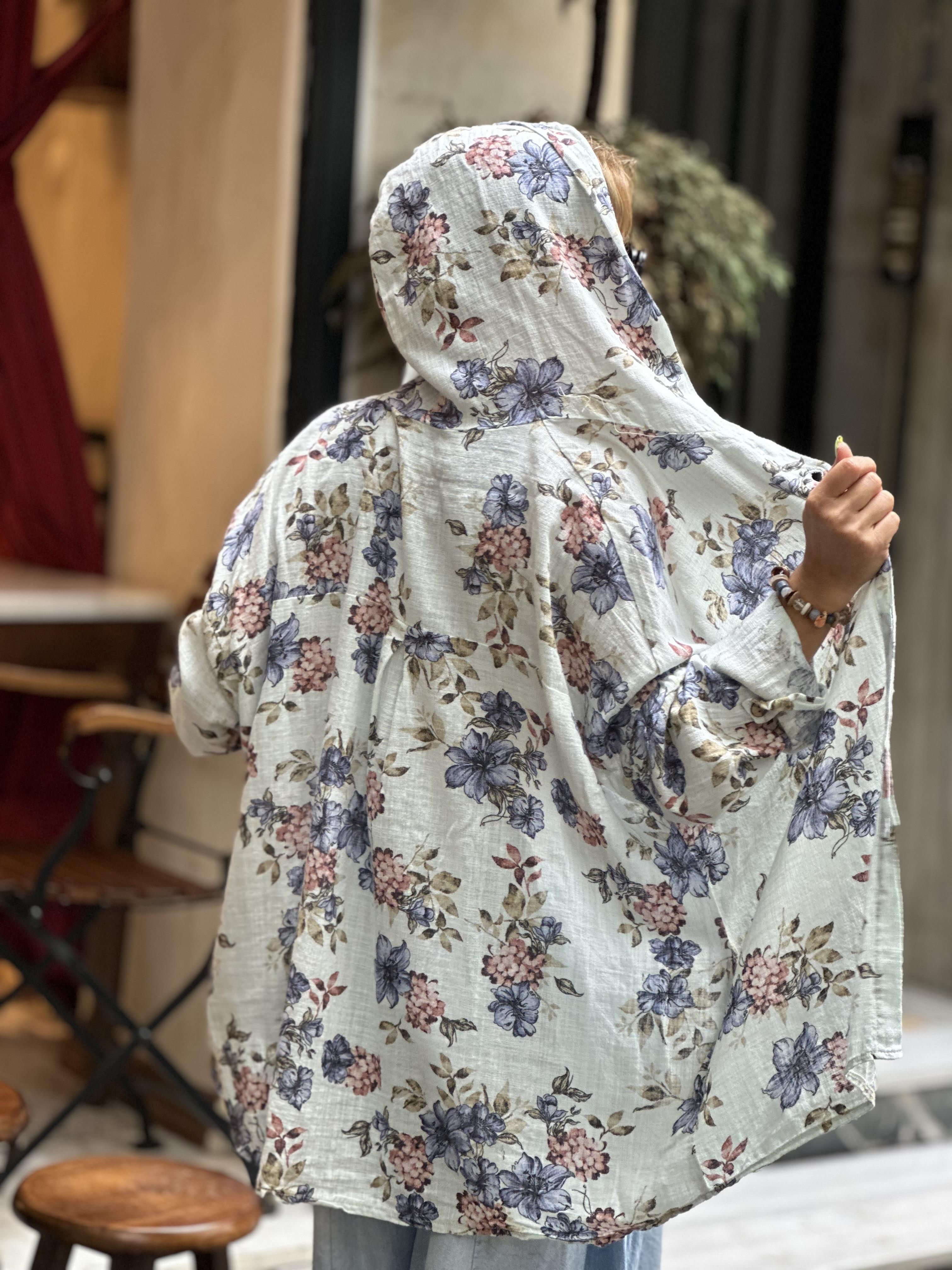 Çiçek Desenli Kapüşonlu Keten Ceket