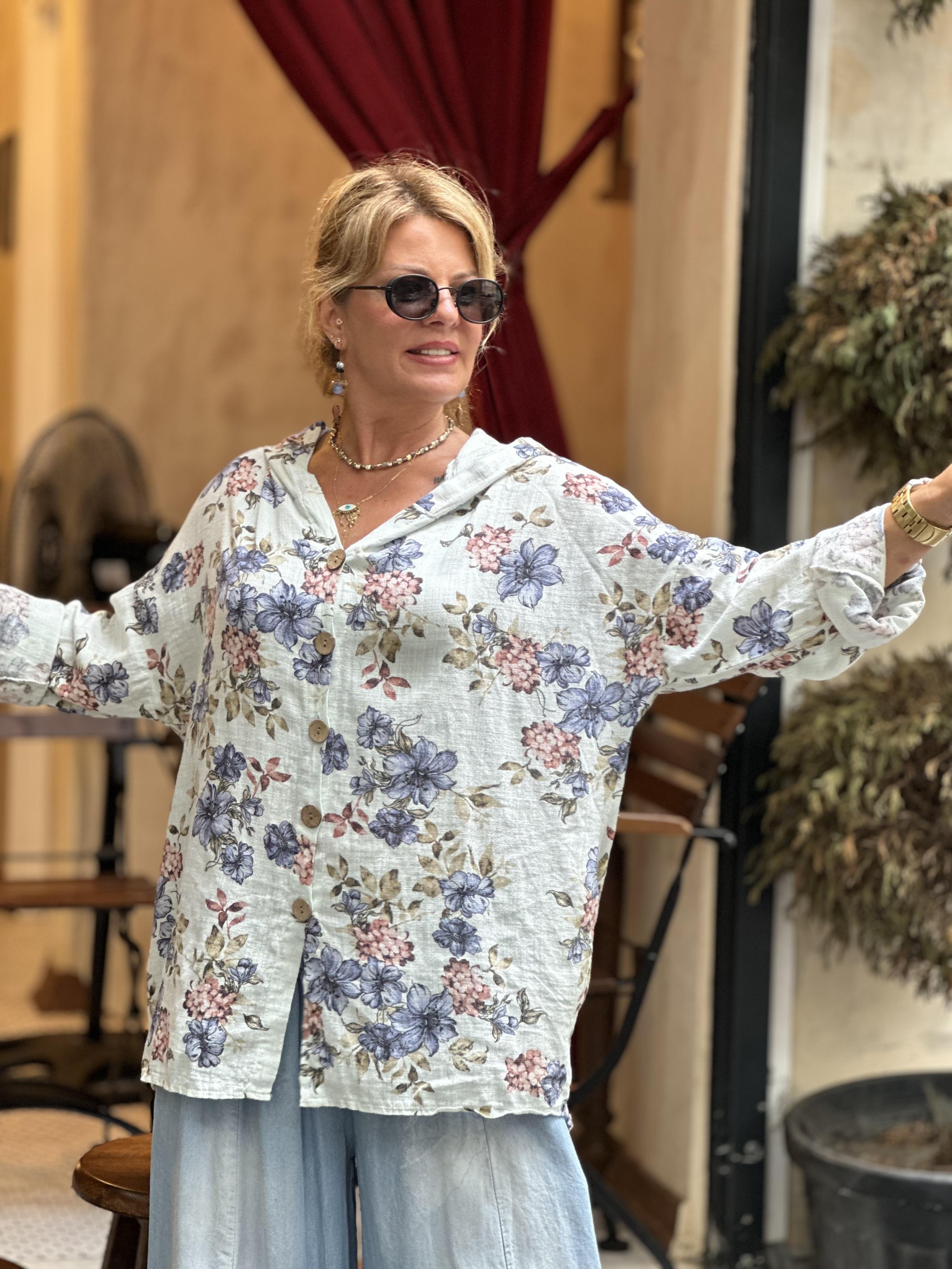 Çiçek Desenli Kapüşonlu Keten Ceket