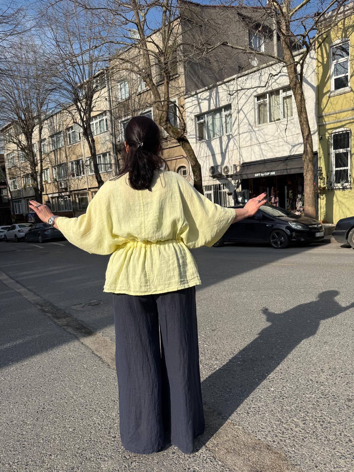 İthal Ham Keten V Yaka Yanı Bağcıklı Bluz