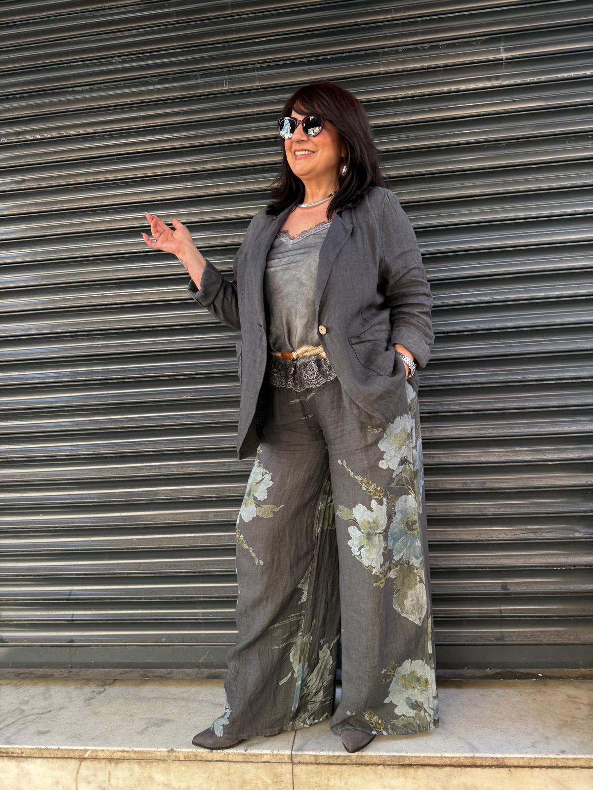 İthal Çiçekli Pantolonlu Keten Ceket Takım