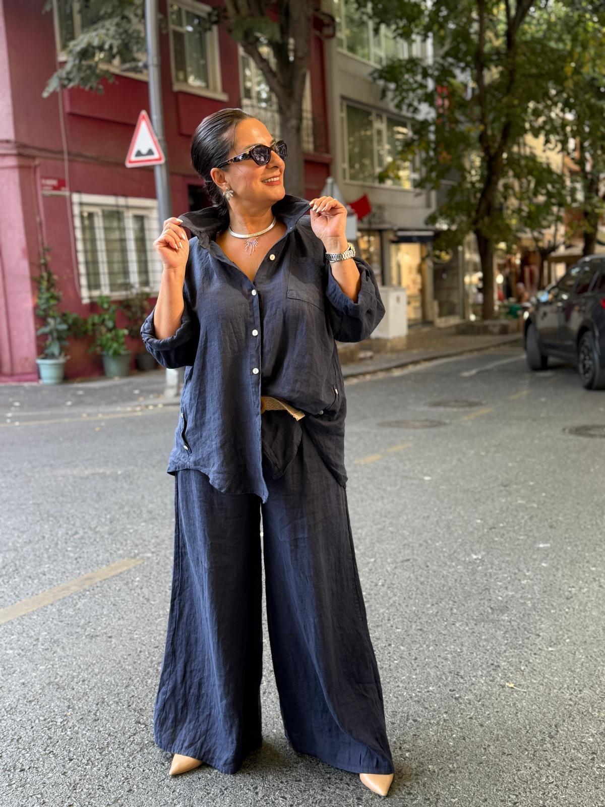 İthal Hasır Kemerli Keten Pantolon Gömlek Takım