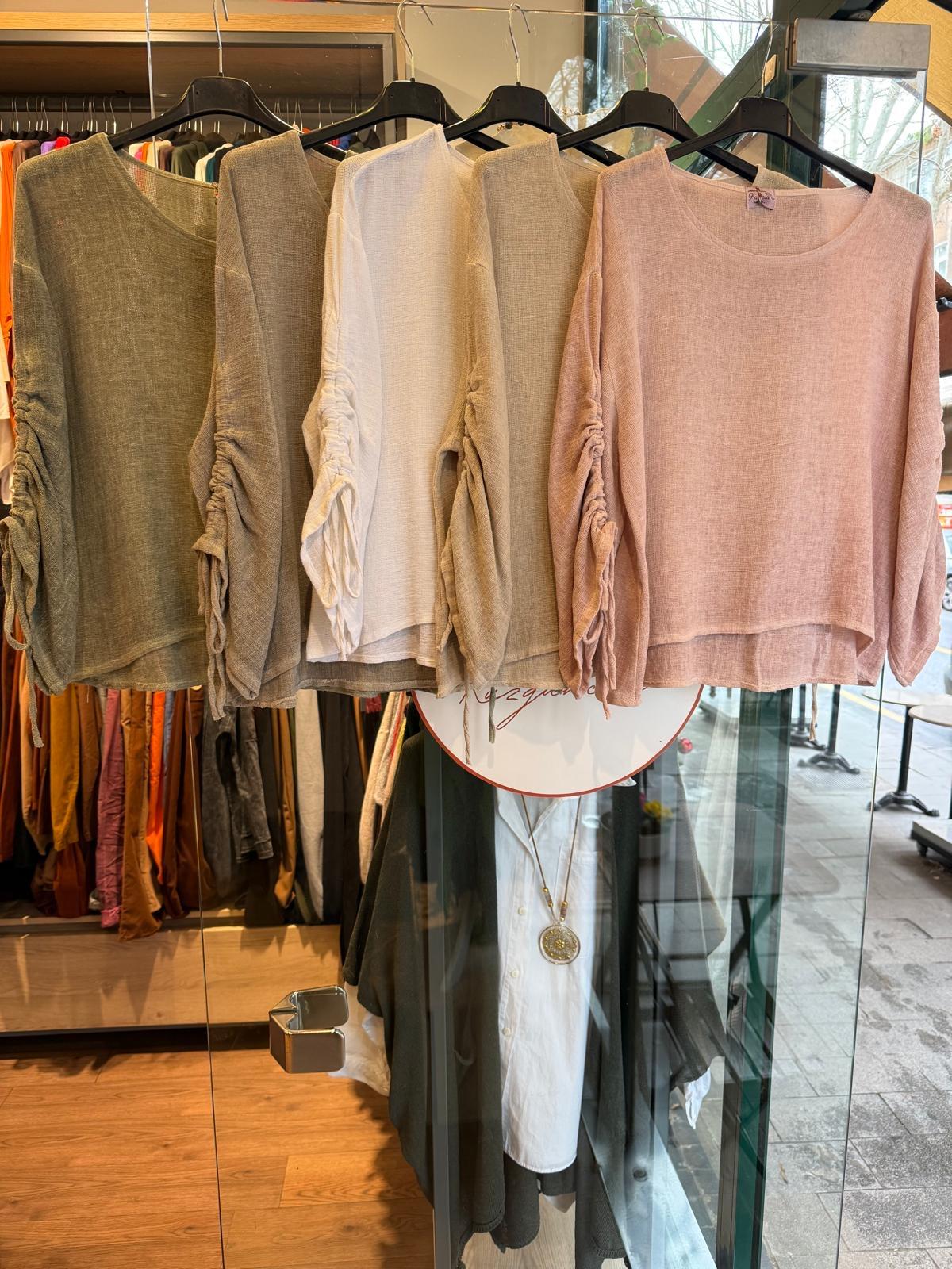İthal Petek Dokulu Kolu Bağlamalı Keten Bluz
