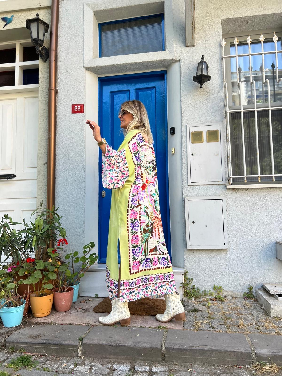 Fıstık Jungle Desen Kimono