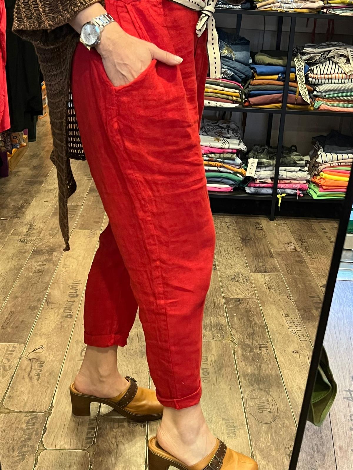 Kırmızı Kemerli Keten Pantolon
