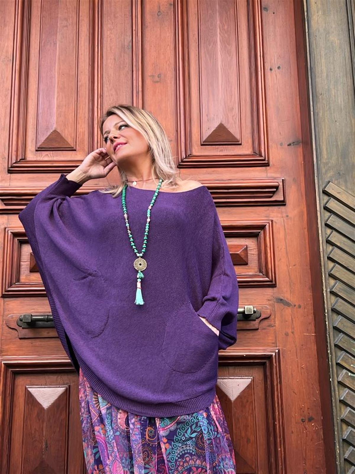 Mor Oval Kesim Yarasa kol Merserize Bluz