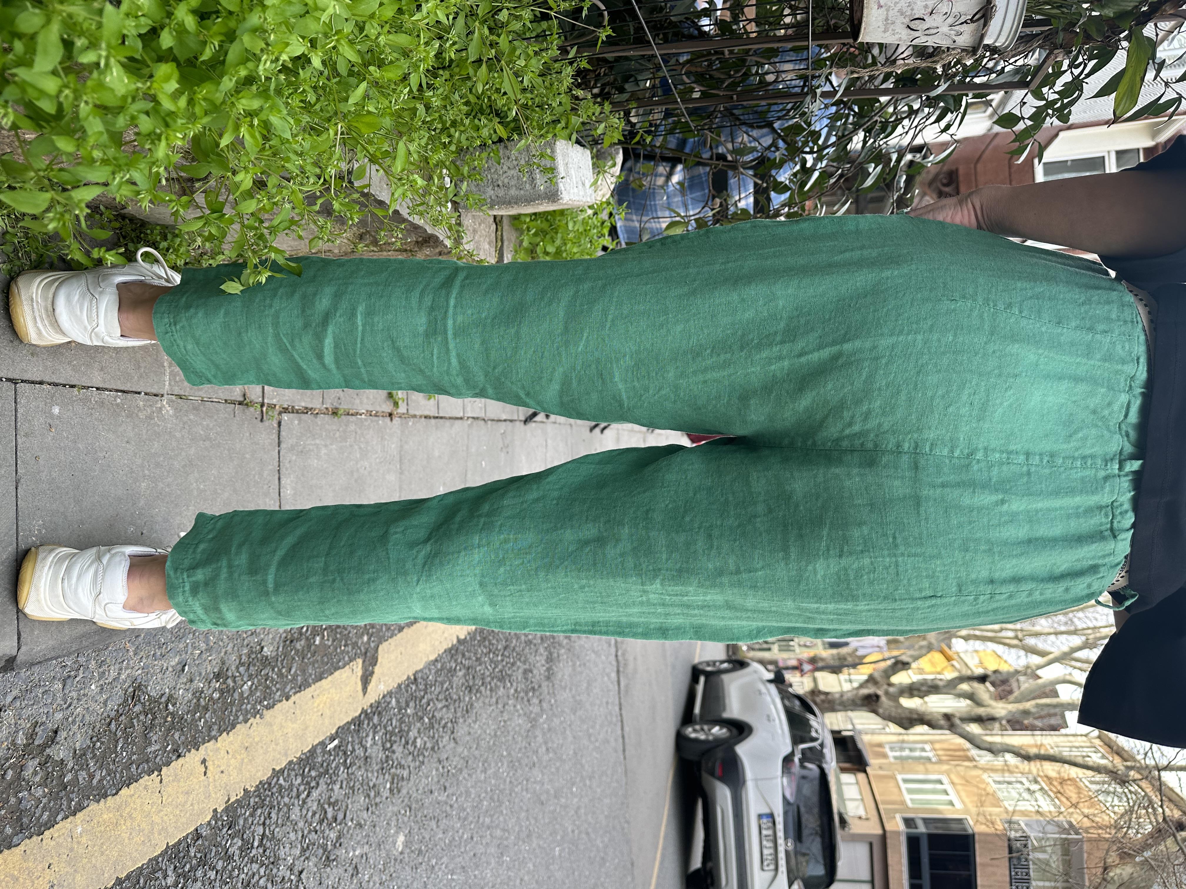 Yeşil Kemerli Keten Pantolon