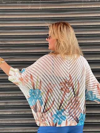 İthal V Yaka Ajurlu Turkuaz Çiçek Desenli Merserize