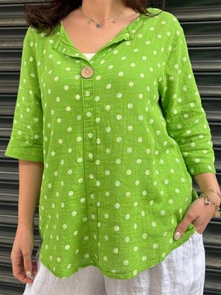 İthal Puantiyeli Düğme Detaylı Keten Bluz