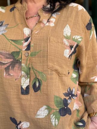 İthal Bahar Desenli Keten Gömlek