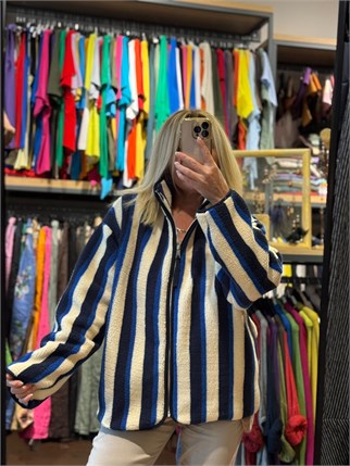 Saks Lacivert Çizgili Peluş Mont