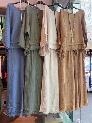 Püskül Detaylı İthal Keten Pantolon Bluz Takım