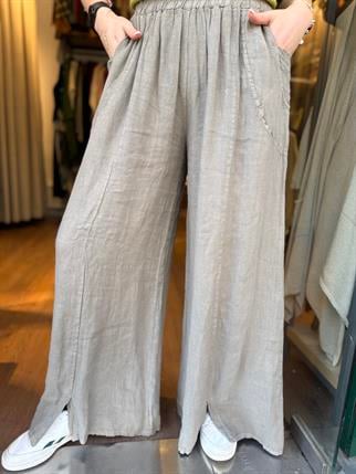 İthal Paça Ucu Yırtmaçlı Keten Pantolon