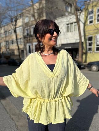 İthal Ham Keten V Yaka Yanı Bağcıklı Bluz