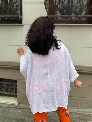 İthal Ham Keten Cepli Oversize Gömlek