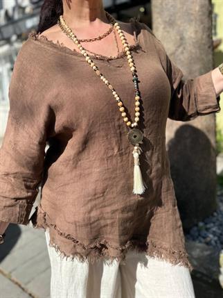 İthal V Yaka Asimetrik Keten Bluz