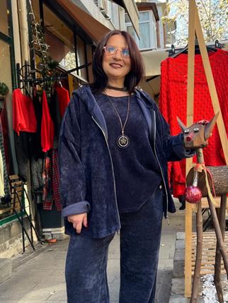 İthal İnce Fitilli Kadife Fermuarlı Kapüşonlu Sweat