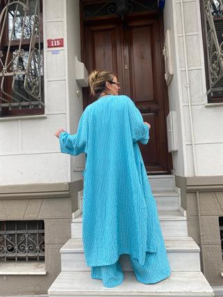 Çizgili Turkuaz Kap Ceket