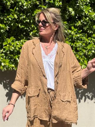 İthal Pis Dikişli Keten Blazer Ceket