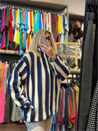 Saks Lacivert Çizgili Peluş Mont