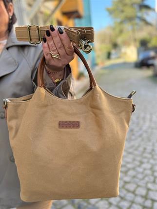 Camel Gabardin Deri Detaylı Çanta
