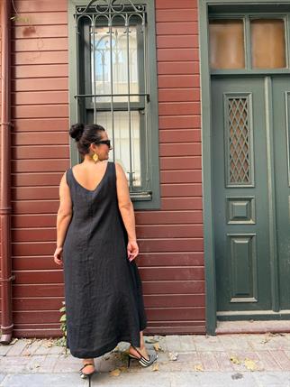 Oversize Ahşap Düğme Detaylı İthal Keten Elbise