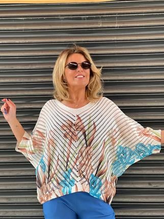 İthal V Yaka Ajurlu Turkuaz Çiçek Desenli Merserize