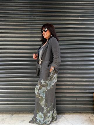 İthal Çiçekli Pantolonlu Keten Ceket Takım