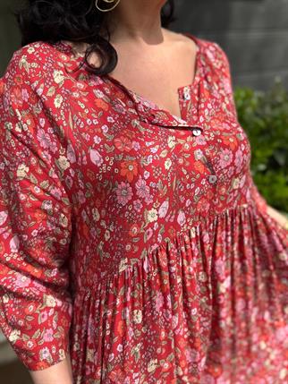 Kırmızı Çıtır Çiçekli Elbise