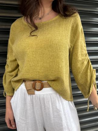 İthal Petek Dokulu Kolu Bağlamalı Keten Bluz