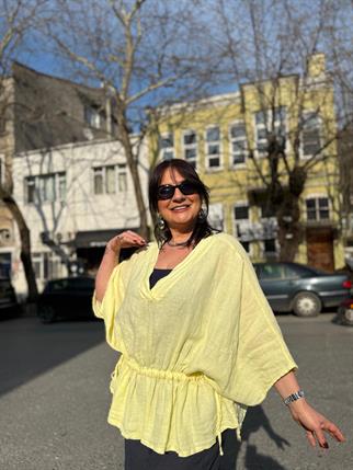 İthal Ham Keten V Yaka Yanı Bağcıklı Bluz