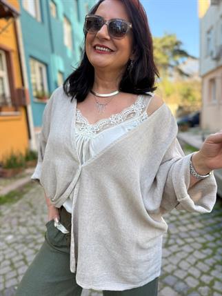 İthal Petek Dokulu Oversize Keten Ceket