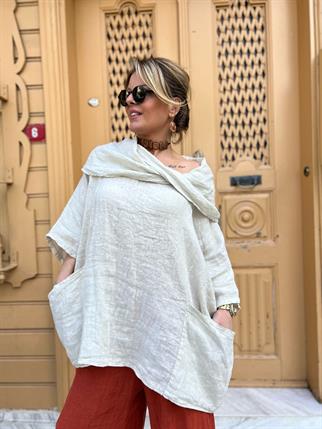 İthal Oversize Degaje Keten Bluz