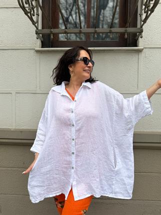 İthal Ham Keten Cepli Oversize Gömlek