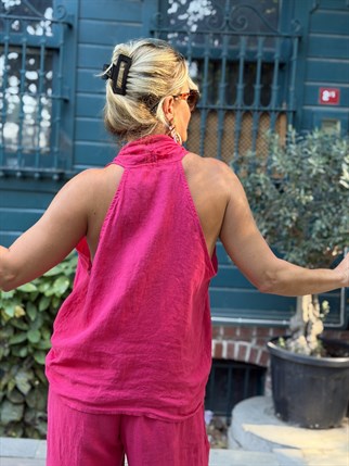 İthal Halter Yaka Keten Bluz